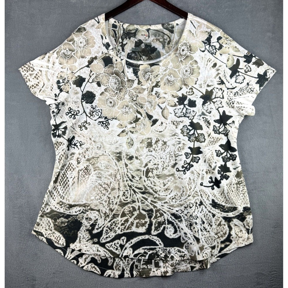 Style & Co Top Sz 3X Cream Black White embellished top U-Neck short sleeve
